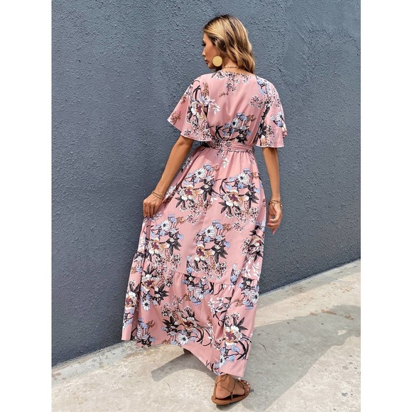Surplice V Neck Floral Print Belted Short sleeve Maxi Dress pink - Picture 2 of 6